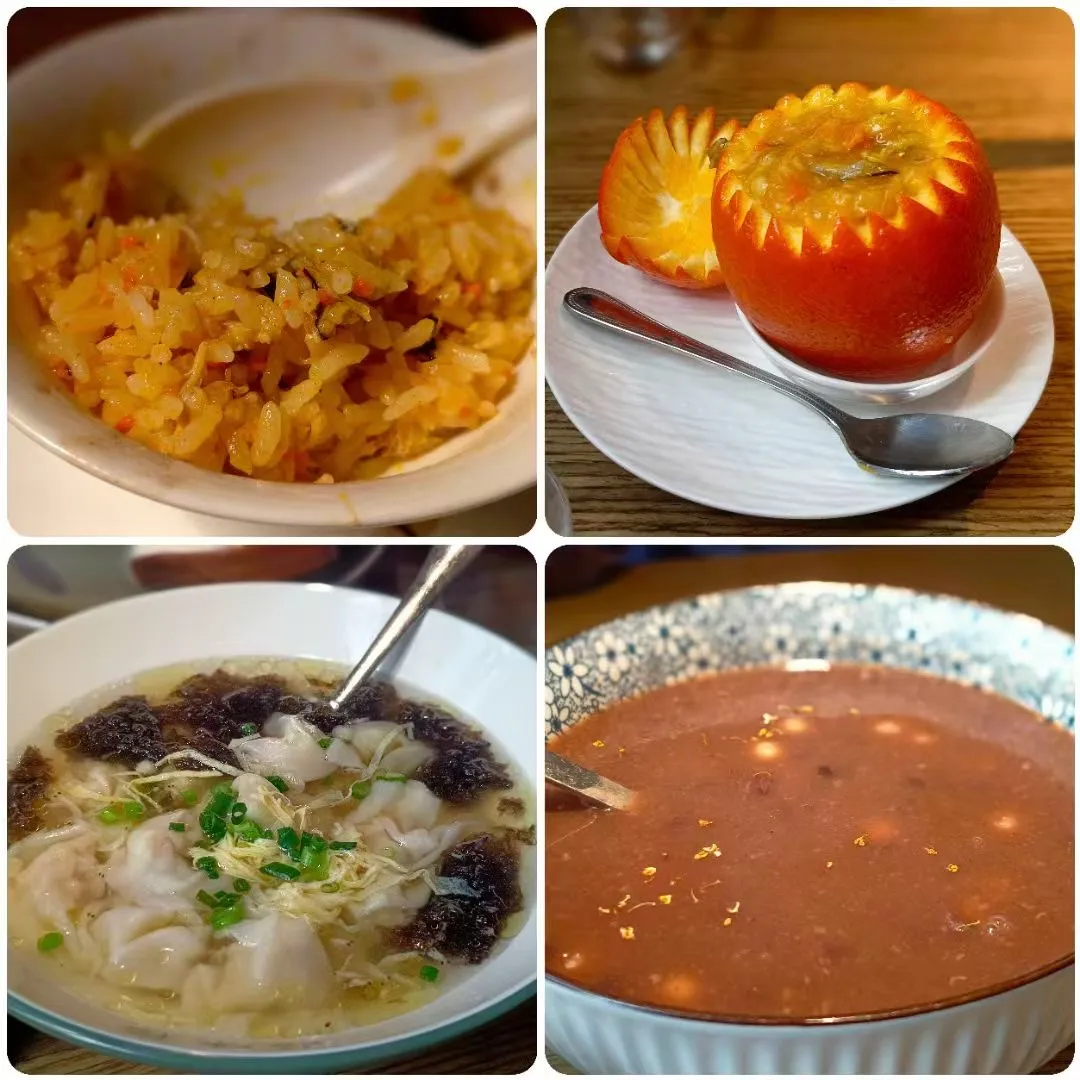 无锡美食：蟹黄拌饭（左上）、蟹酿橙（右上）、小混沌（左下）、桂花红豆沙（右下）